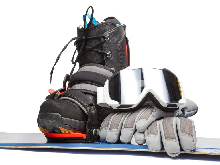 snowboard-with-boot-gloves-goggles-white-background